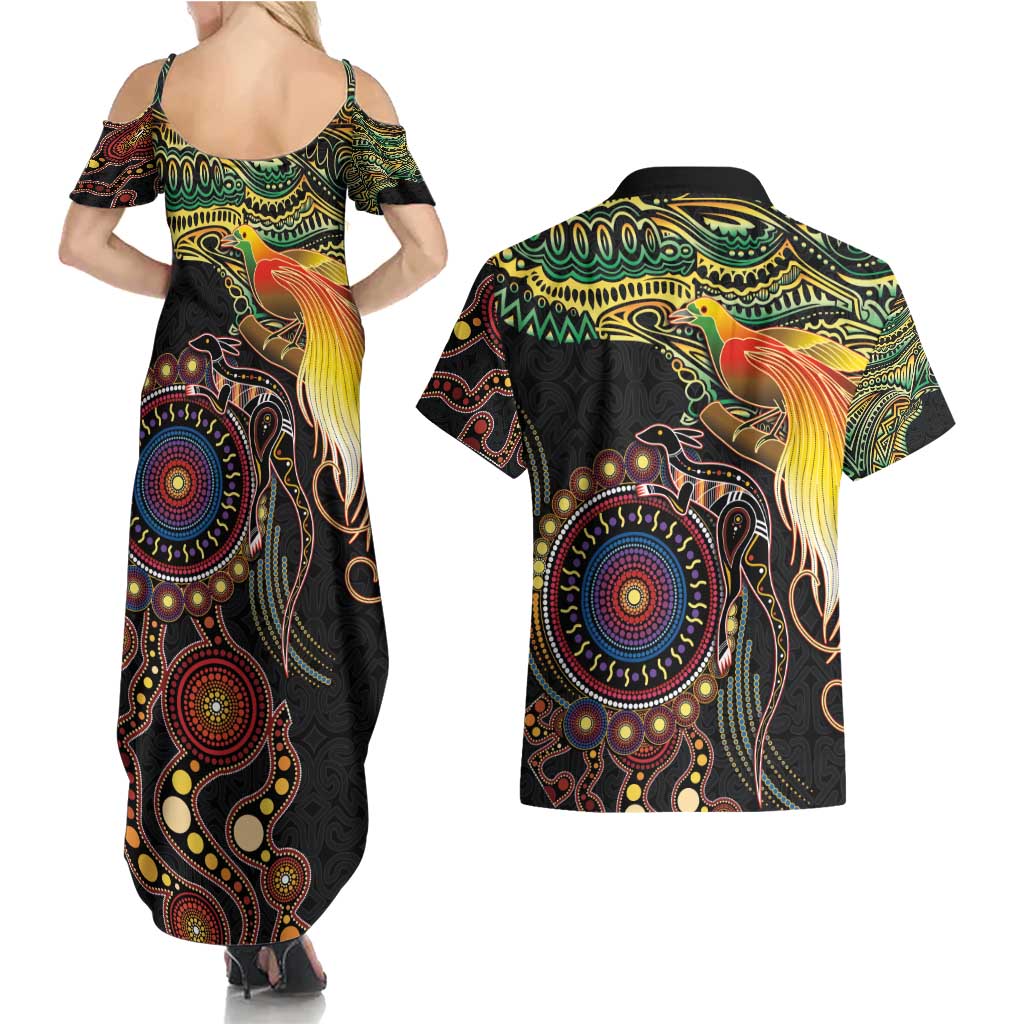 Papua New Guinea and Australia Together Couples Matching Summer Maxi Dress and Hawaiian Shirt Bird of Paradise and Kangaroo Melanesian Aboriginal Motifs - Polynesian Pride