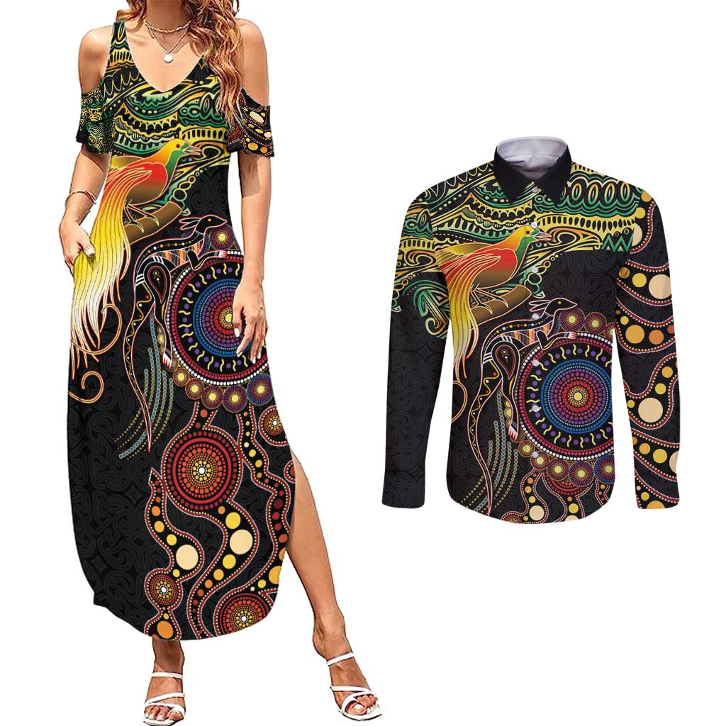 Papua New Guinea and Australia Together Couples Matching Summer Maxi Dress and Long Sleeve Button Shirt Bird of Paradise and Kangaroo Melanesian Aboriginal Motifs - Polynesian Pride