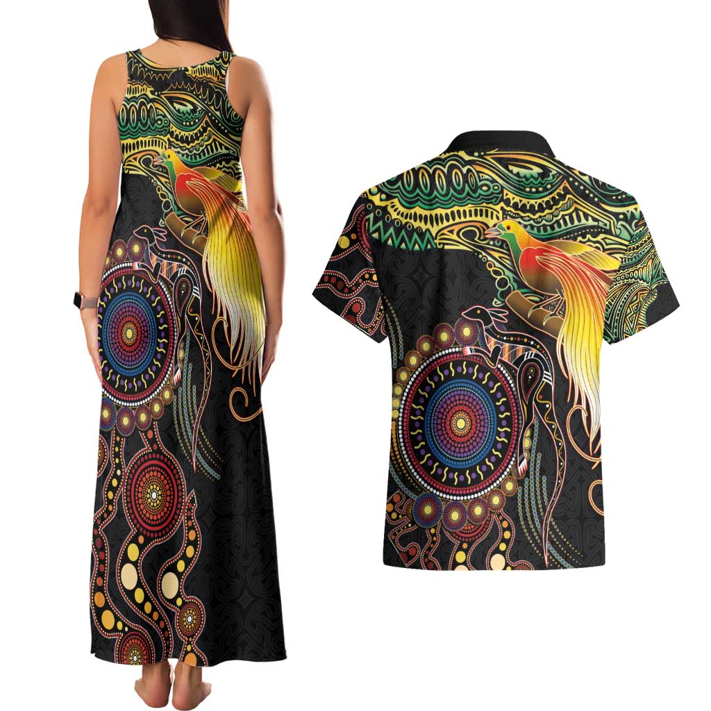 Papua New Guinea and Australia Together Couples Matching Tank Maxi Dress and Hawaiian Shirt Bird of Paradise and Kangaroo Melanesian Aboriginal Motifs - Polynesian Pride