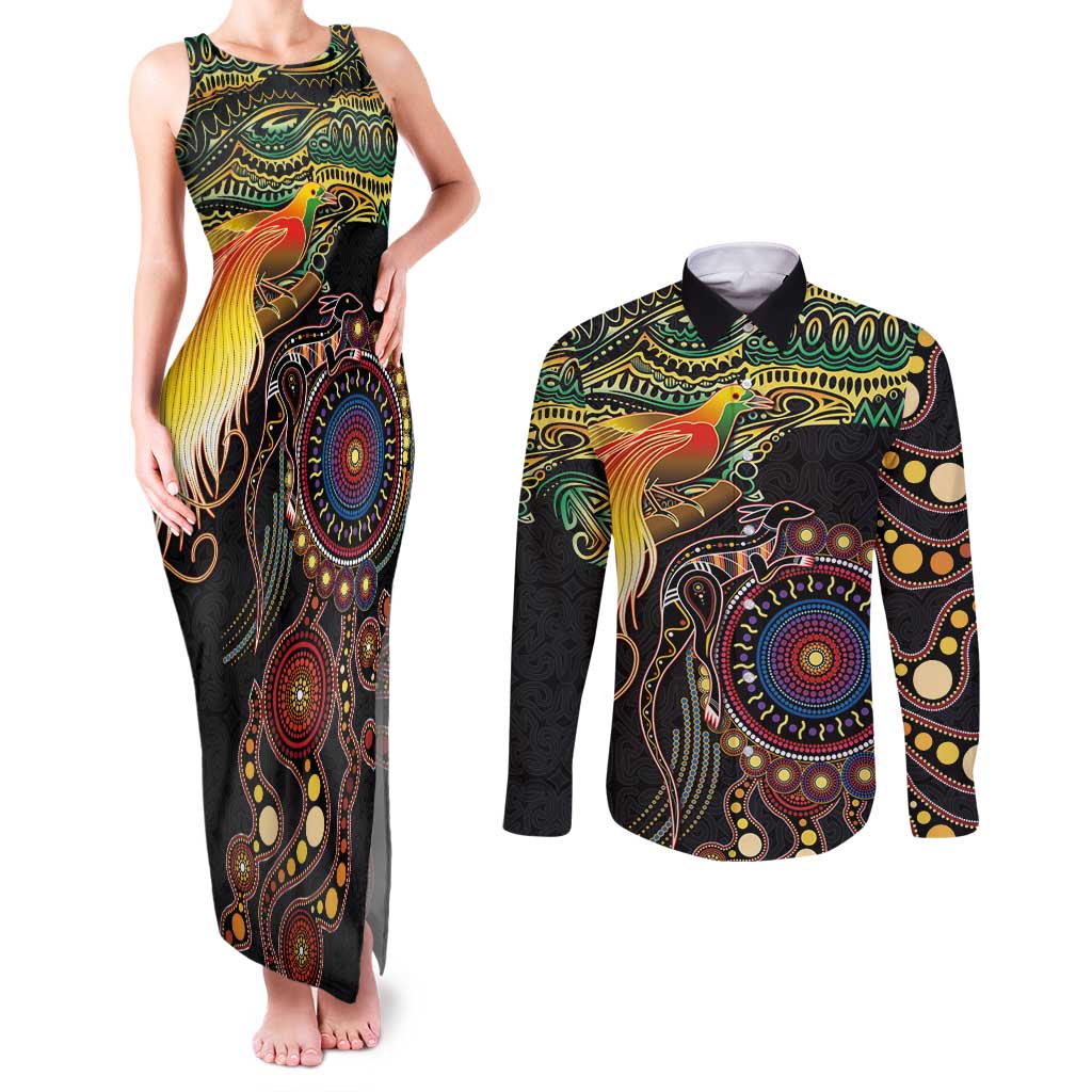 Papua New Guinea and Australia Together Couples Matching Tank Maxi Dress and Long Sleeve Button Shirt Bird of Paradise and Kangaroo Melanesian Aboriginal Motifs - Polynesian Pride
