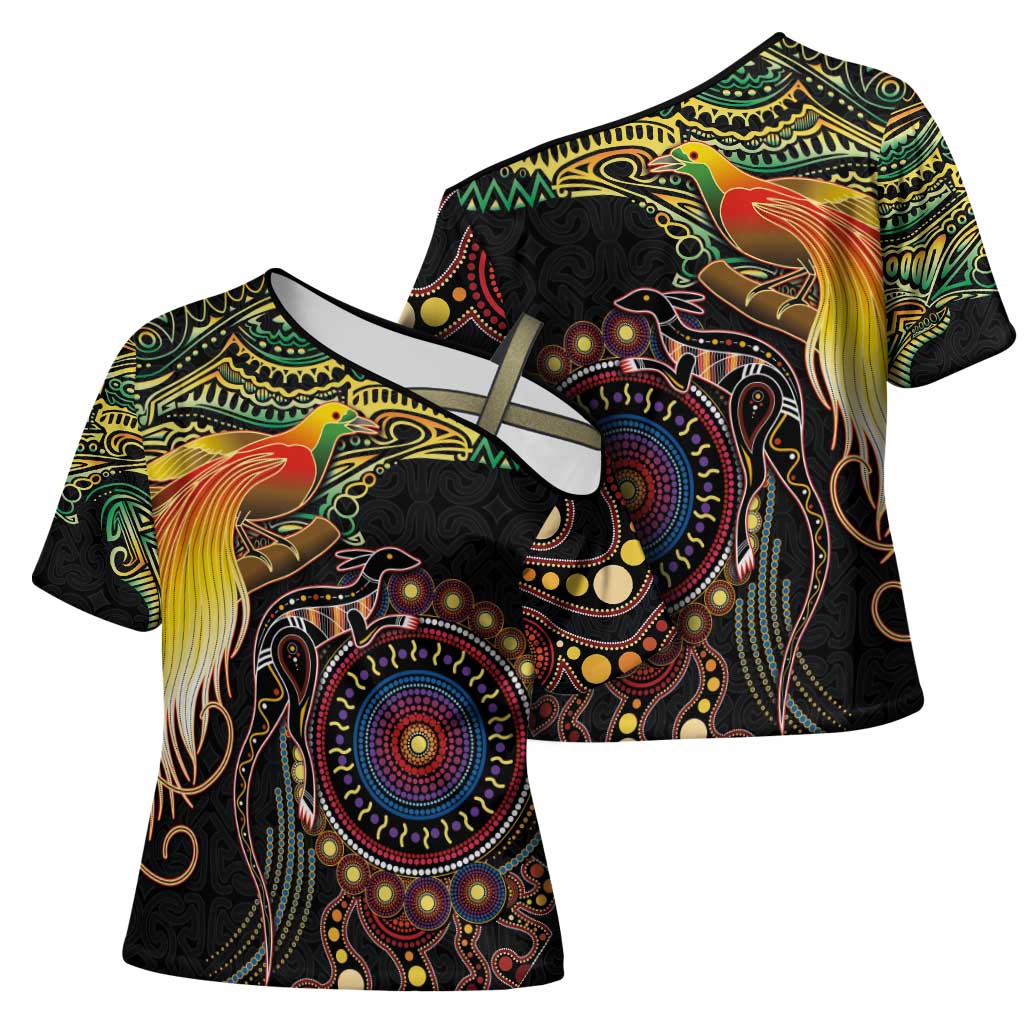 Papua New Guinea and Australia Together Cross Shoulder Shirt Bird of Paradise and Kangaroo Melanesian Aboriginal Motifs - Polynesian Pride