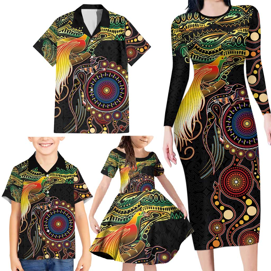 Papua New Guinea and Australia Together Family Matching Long Sleeve Bodycon Dress and Hawaiian Shirt Bird of Paradise and Kangaroo Melanesian Aboriginal Motifs - Polynesian Pride