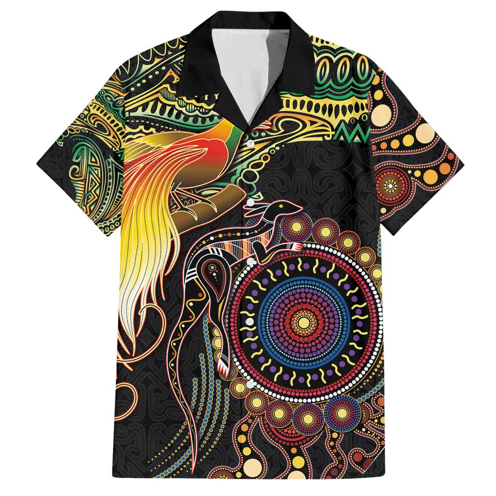 Papua New Guinea and Australia Together Family Matching Long Sleeve Bodycon Dress and Hawaiian Shirt Bird of Paradise and Kangaroo Melanesian Aboriginal Motifs - Polynesian Pride