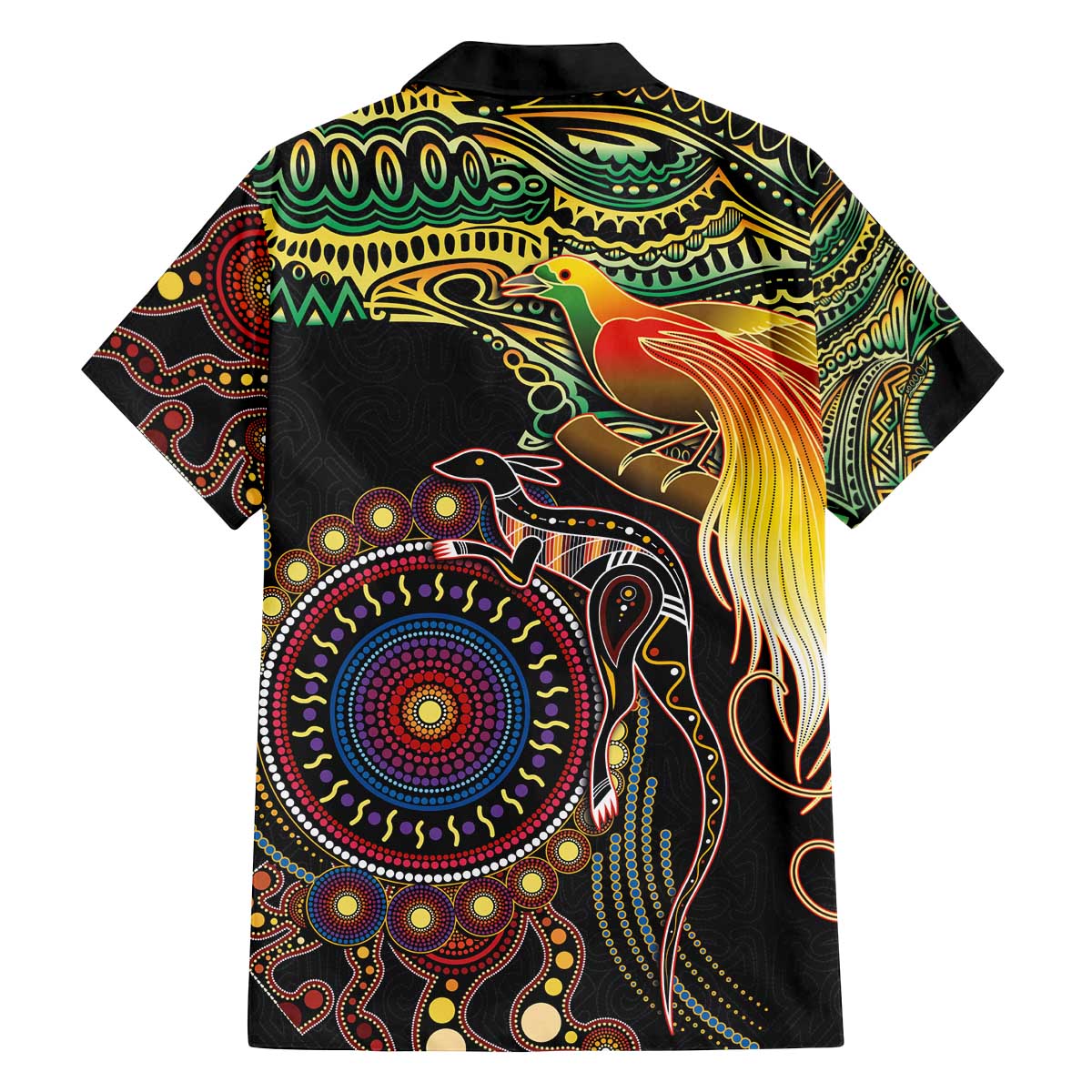 Papua New Guinea and Australia Together Family Matching Off The Shoulder Long Sleeve Dress and Hawaiian Shirt Bird of Paradise and Kangaroo Melanesian Aboriginal Motifs - Polynesian Pride