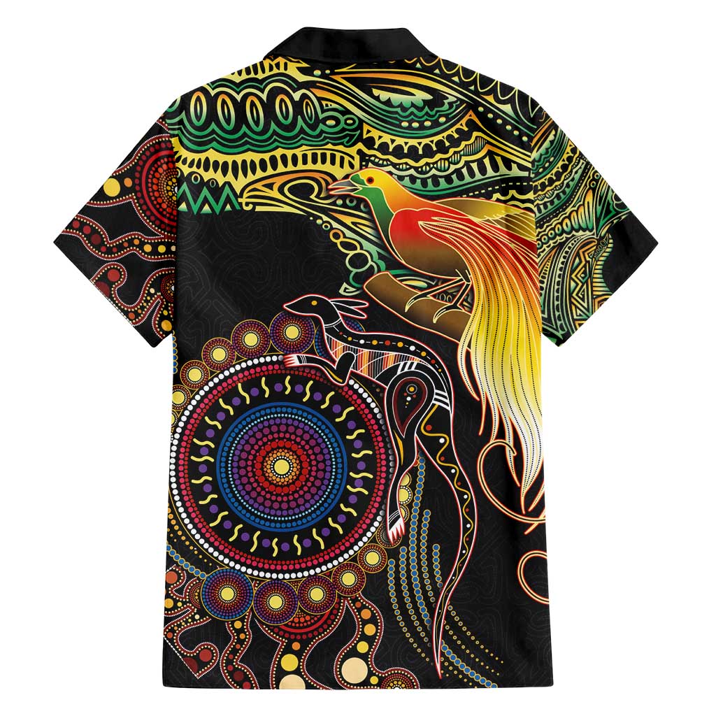 Papua New Guinea and Australia Together Family Matching Off Shoulder Maxi Dress and Hawaiian Shirt Bird of Paradise and Kangaroo Melanesian Aboriginal Motifs - Polynesian Pride