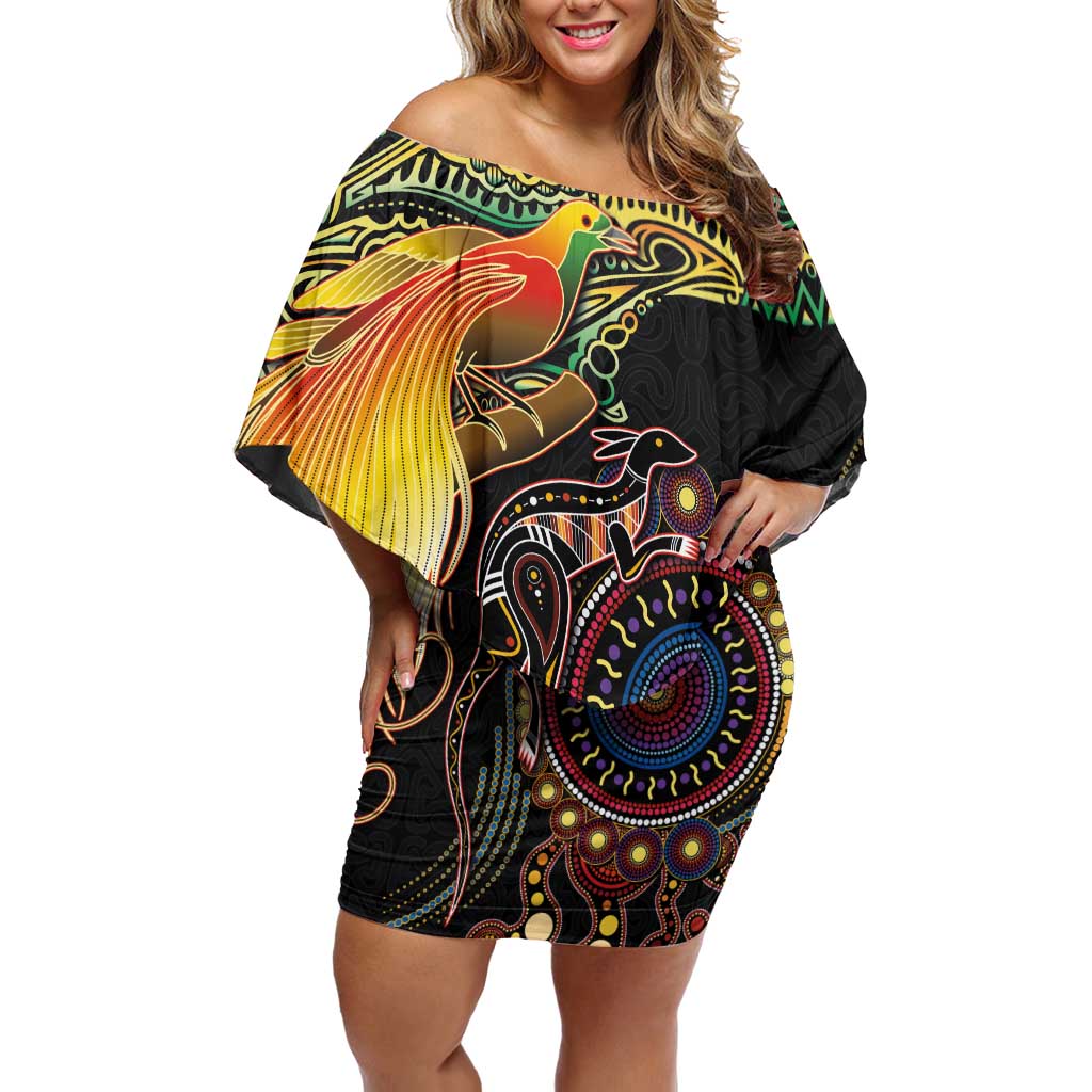 Papua New Guinea and Australia Together Family Matching Off Shoulder Short Dress and Hawaiian Shirt Bird of Paradise and Kangaroo Melanesian Aboriginal Motifs - Polynesian Pride