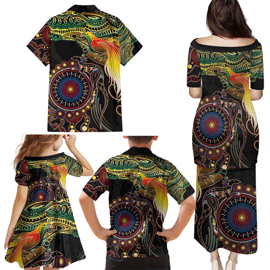 Papua New Guinea and Australia Together Family Matching Puletasi and Hawaiian Shirt Bird of Paradise and Kangaroo Melanesian Aboriginal Motifs - Polynesian Pride