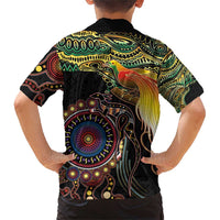Papua New Guinea and Australia Together Family Matching Short Sleeve Bodycon Dress and Hawaiian Shirt Bird of Paradise and Kangaroo Melanesian Aboriginal Motifs - Polynesian Pride