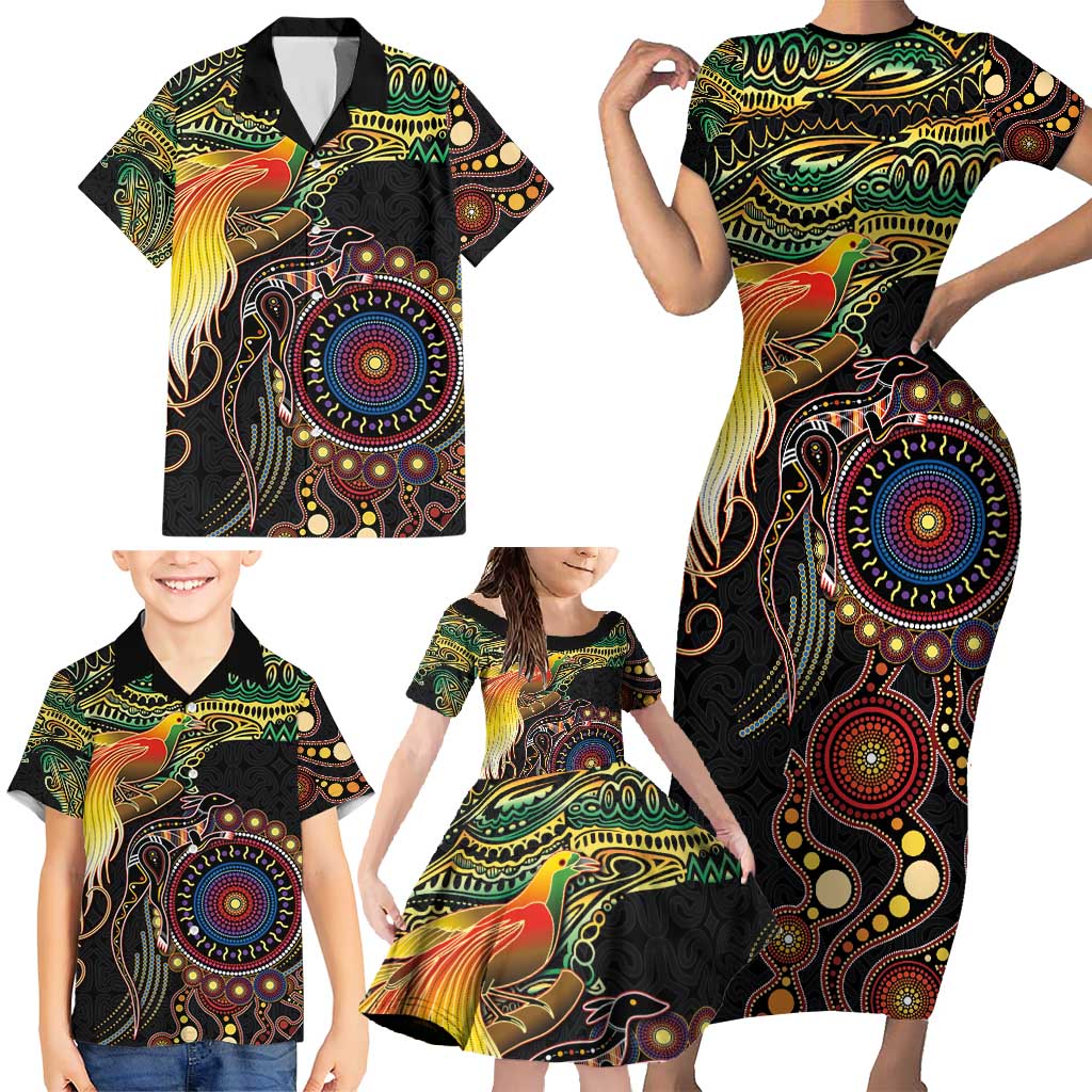 Papua New Guinea and Australia Together Family Matching Short Sleeve Bodycon Dress and Hawaiian Shirt Bird of Paradise and Kangaroo Melanesian Aboriginal Motifs - Polynesian Pride