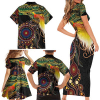 Papua New Guinea and Australia Together Family Matching Short Sleeve Bodycon Dress and Hawaiian Shirt Bird of Paradise and Kangaroo Melanesian Aboriginal Motifs - Polynesian Pride