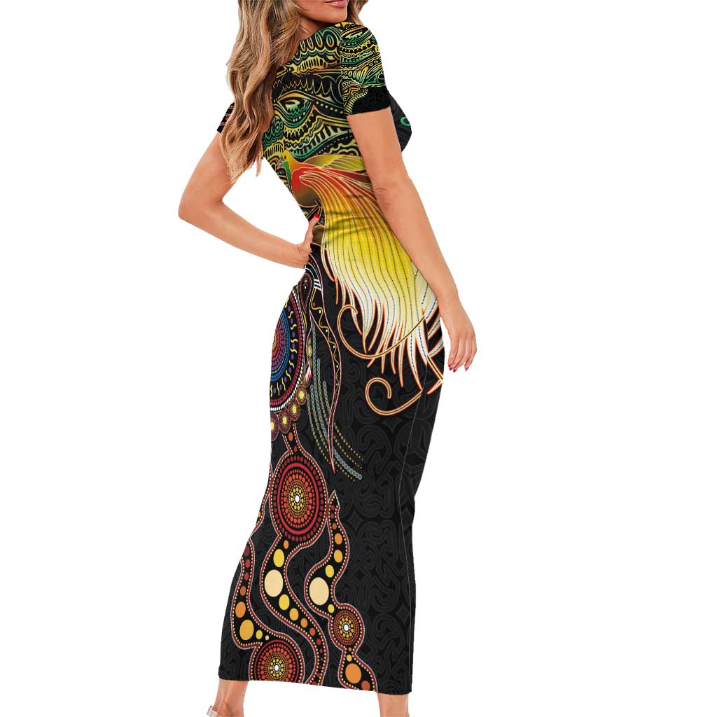 Papua New Guinea and Australia Together Family Matching Short Sleeve Bodycon Dress and Hawaiian Shirt Bird of Paradise and Kangaroo Melanesian Aboriginal Motifs - Polynesian Pride