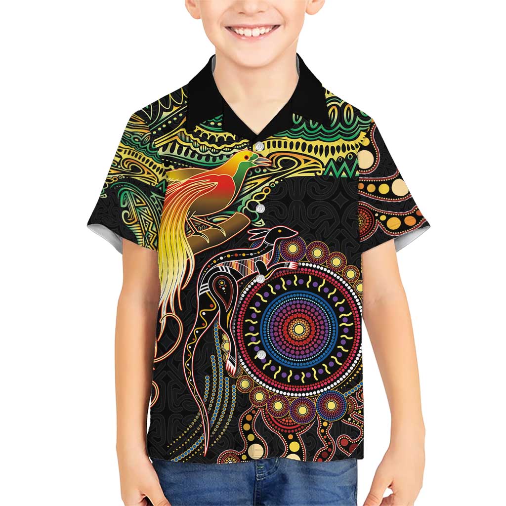 Papua New Guinea and Australia Together Family Matching Short Sleeve Bodycon Dress and Hawaiian Shirt Bird of Paradise and Kangaroo Melanesian Aboriginal Motifs - Polynesian Pride