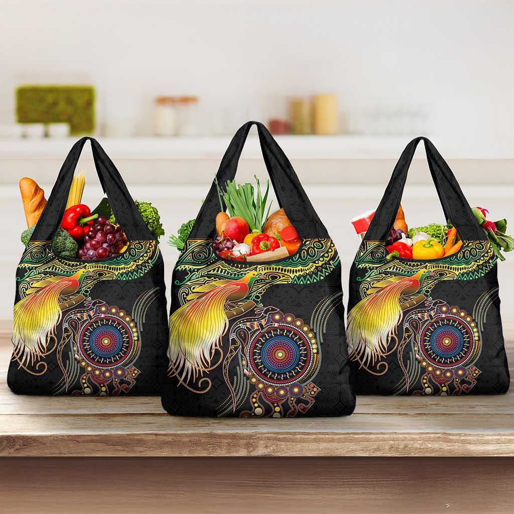 Papua New Guinea and Australia Together Grocery Bag Bird of Paradise and Kangaroo Melanesian Aboriginal Motifs LT03 3-pack One Size Black - Polynesian Pride
