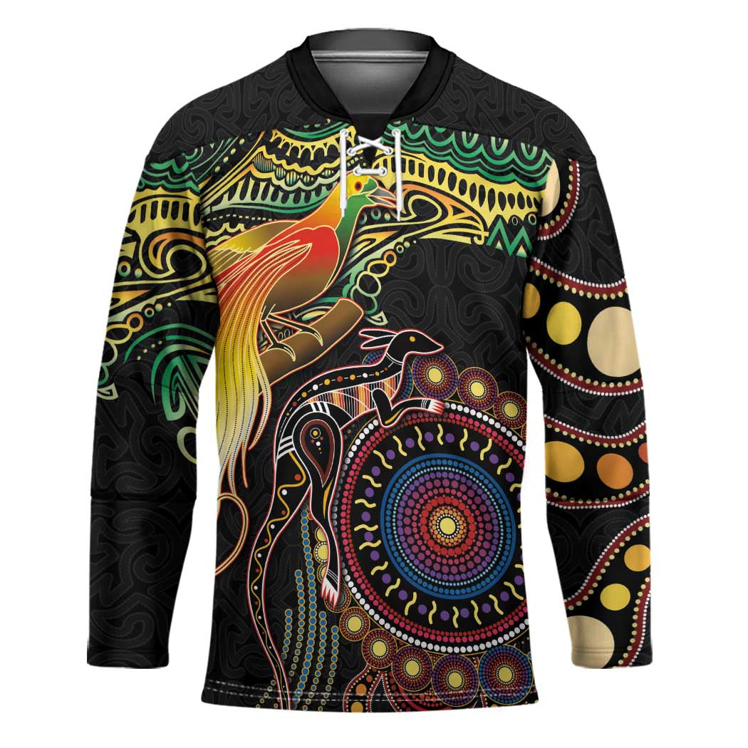 Papua New Guinea and Australia Together Hockey Jersey Bird of Paradise and Kangaroo Melanesian Aboriginal Motifs - Polynesian Pride