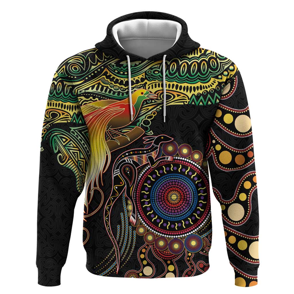 Papua New Guinea and Australia Together Hoodie Bird of Paradise and Kangaroo Melanesian Aboriginal Motifs LT03 Pullover Hoodie Black - Polynesian Pride