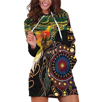 Papua New Guinea and Australia Together Hoodie Dress Bird of Paradise and Kangaroo Melanesian Aboriginal Motifs LT03 Black - Polynesian Pride