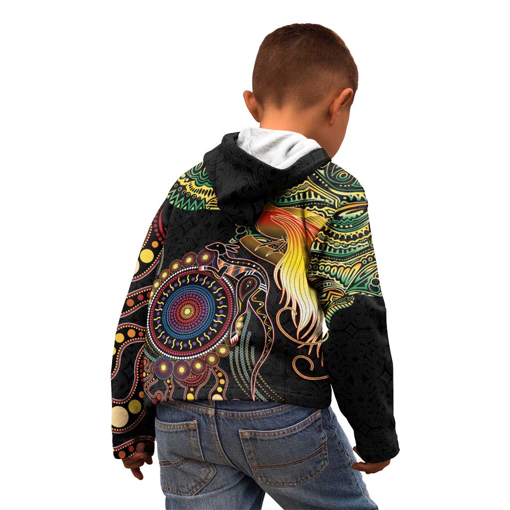 Papua New Guinea and Australia Together Kid Hoodie Bird of Paradise and Kangaroo Melanesian Aboriginal Motifs LT03 - Polynesian Pride