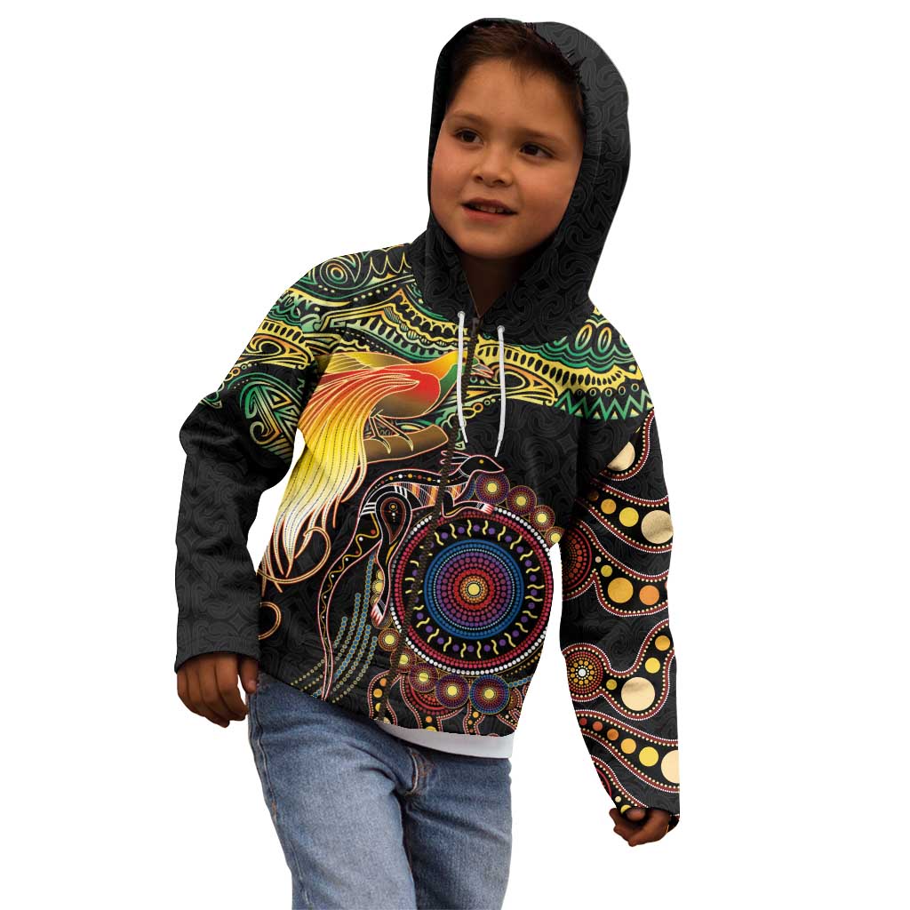 Papua New Guinea and Australia Together Kid Hoodie Bird of Paradise and Kangaroo Melanesian Aboriginal Motifs LT03 - Polynesian Pride