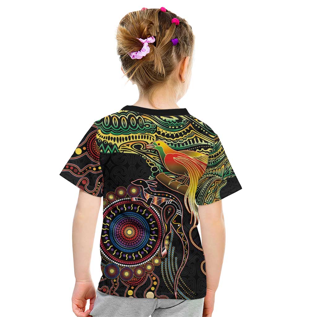 Papua New Guinea and Australia Together Kid T Shirt Bird of Paradise and Kangaroo Melanesian Aboriginal Motifs - Polynesian Pride