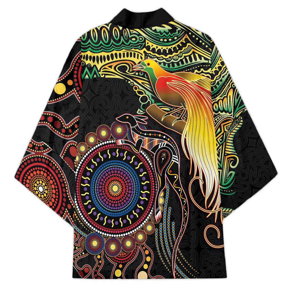 Papua New Guinea and Australia Together Kimono Bird of Paradise and Kangaroo Melanesian Aboriginal Motifs LT03 - Polynesian Pride