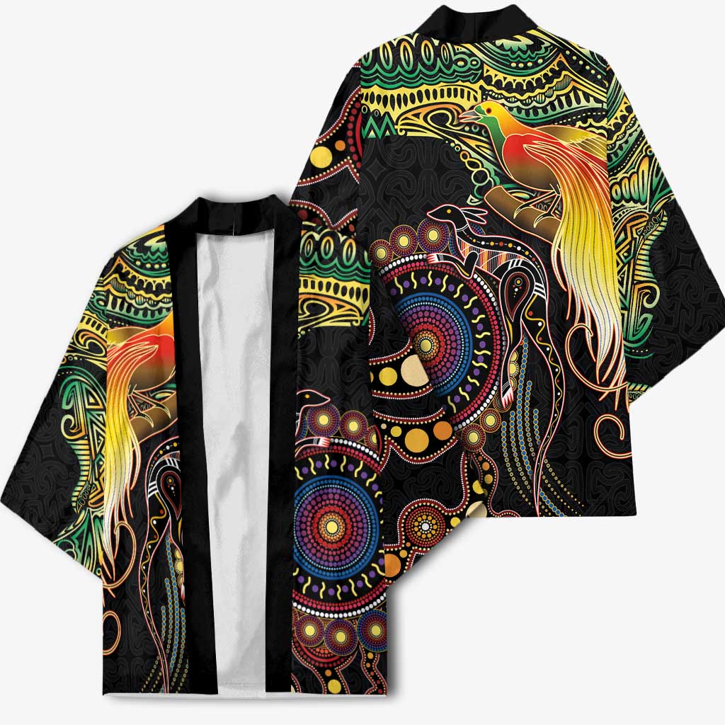 Papua New Guinea and Australia Together Kimono Bird of Paradise and Kangaroo Melanesian Aboriginal Motifs LT03 - Polynesian Pride