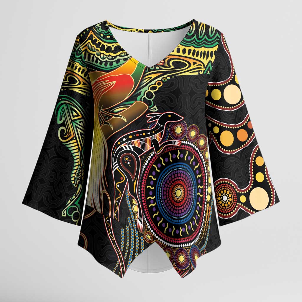 Papua New Guinea and Australia Together Kimono Sleeve Blouse Bird of Paradise and Kangaroo Melanesian Aboriginal Motifs LT03 Female Black - Polynesian Pride