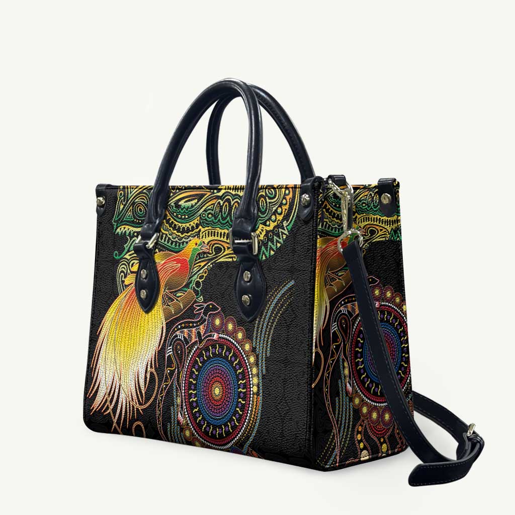 Papua New Guinea and Australia Together Leather Bag Bird of Paradise and Kangaroo Melanesian Aboriginal Motifs LT03 Black - Polynesian Pride