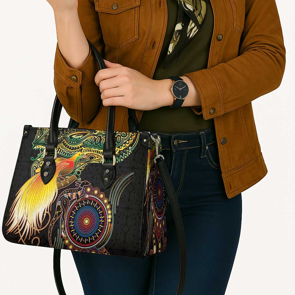 Papua New Guinea and Australia Together Leather Bag Bird of Paradise and Kangaroo Melanesian Aboriginal Motifs LT03 - Polynesian Pride