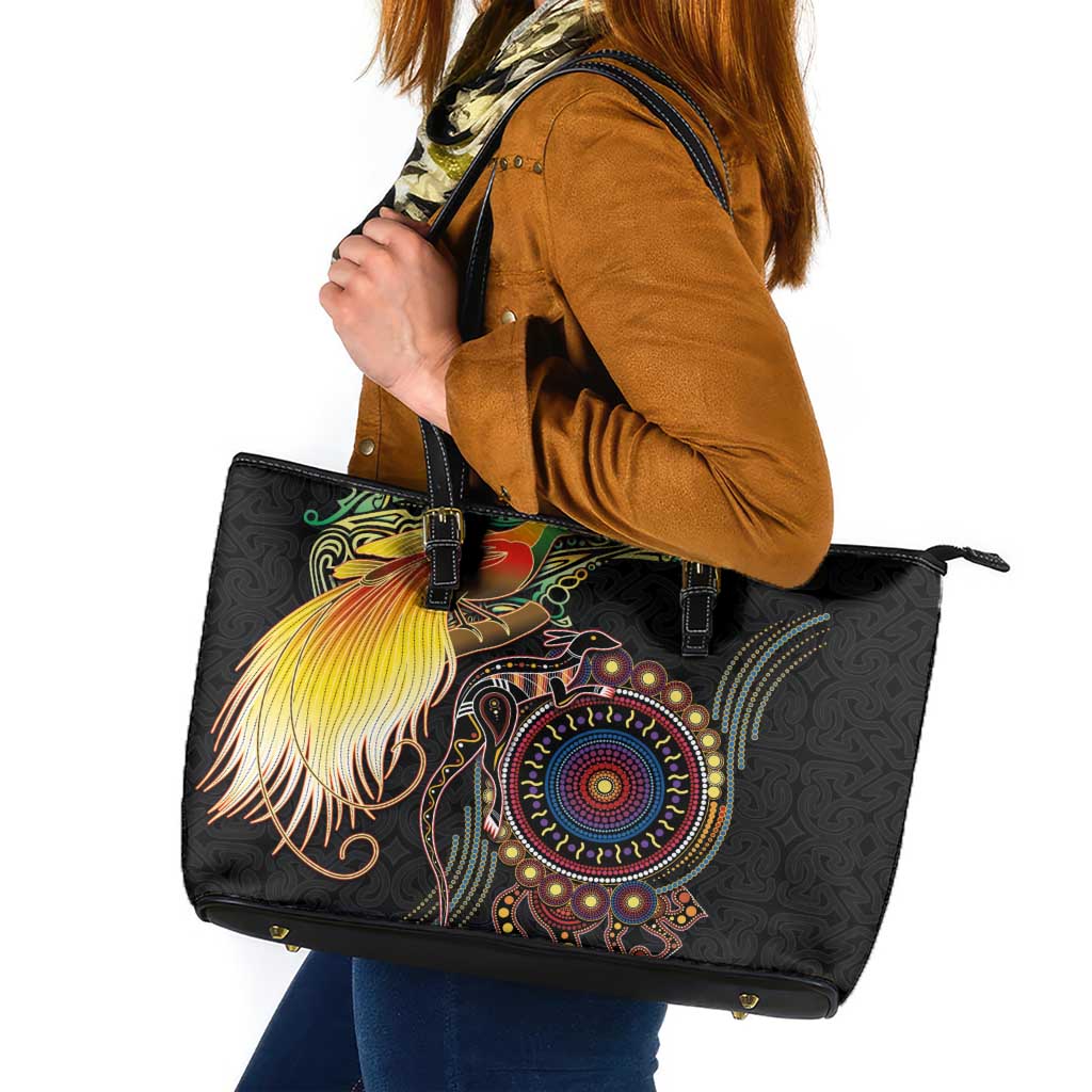 Papua New Guinea and Australia Together Leather Tote Bag Bird of Paradise and Kangaroo Melanesian Aboriginal Motifs LT03 Black - Polynesian Pride