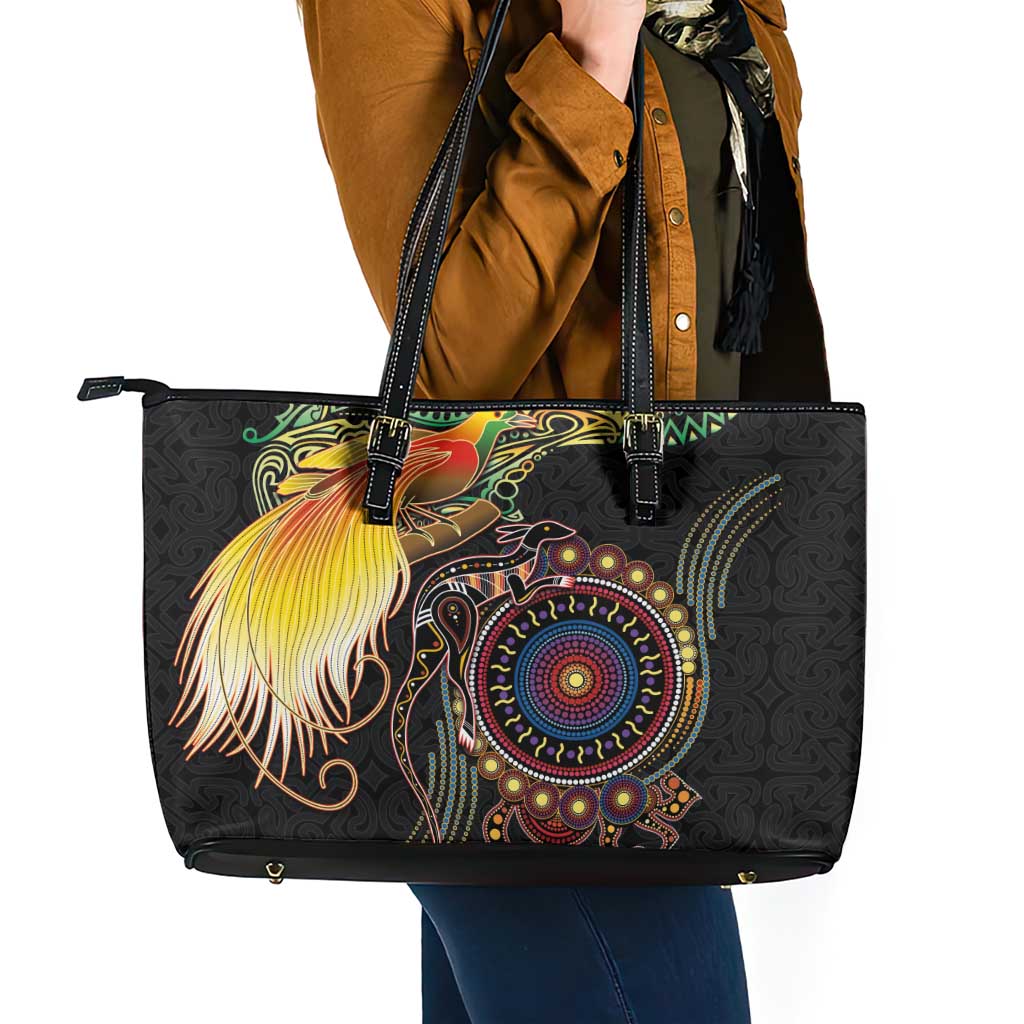 Papua New Guinea and Australia Together Leather Tote Bag Bird of Paradise and Kangaroo Melanesian Aboriginal Motifs LT03 - Polynesian Pride