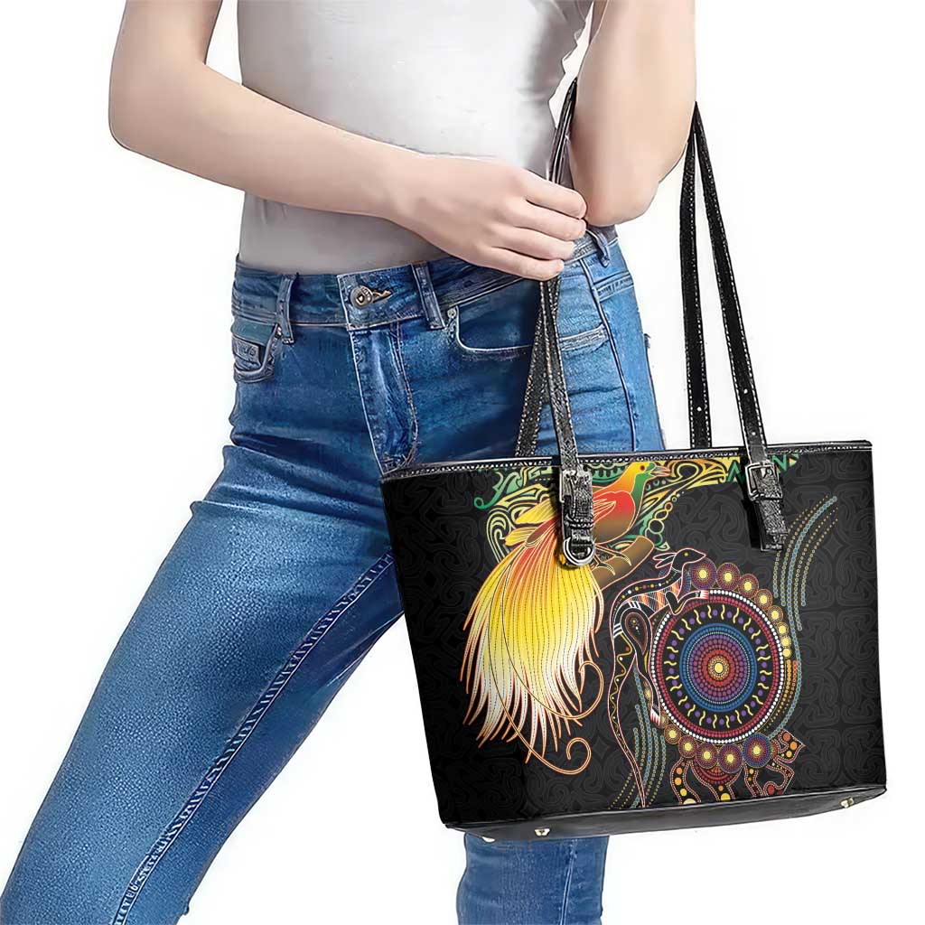 Papua New Guinea and Australia Together Leather Tote Bag Bird of Paradise and Kangaroo Melanesian Aboriginal Motifs LT03 - Polynesian Pride