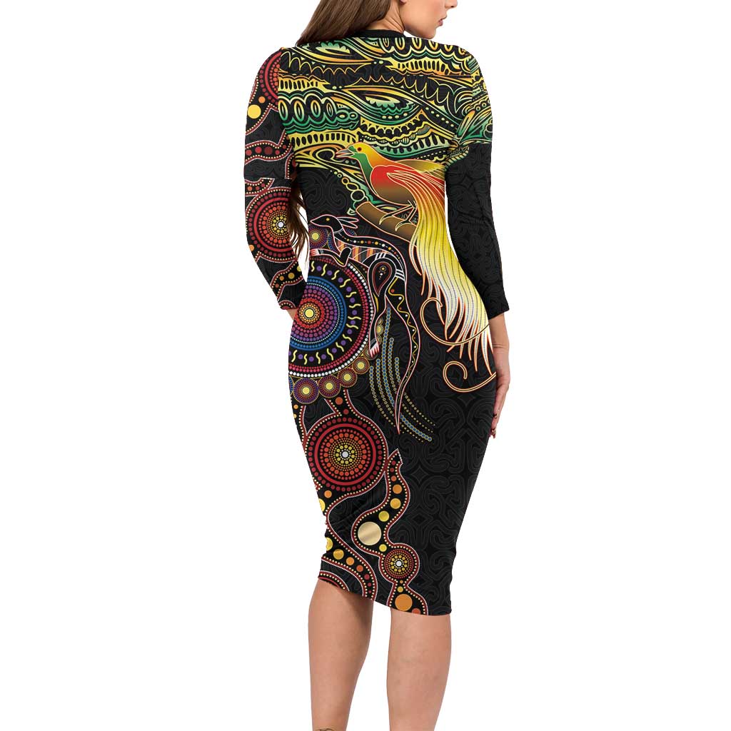 Papua New Guinea and Australia Together Long Sleeve Bodycon Dress Bird of Paradise and Kangaroo Melanesian Aboriginal Motifs LT03 - Polynesian Pride
