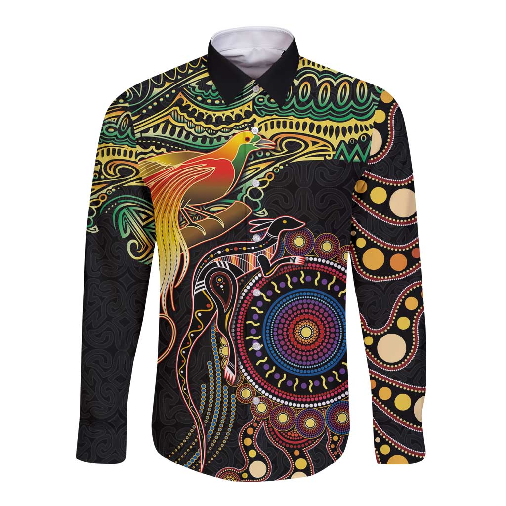 Papua New Guinea and Australia Together Long Sleeve Button Shirt Bird of Paradise and Kangaroo Melanesian Aboriginal Motifs - Polynesian Pride
