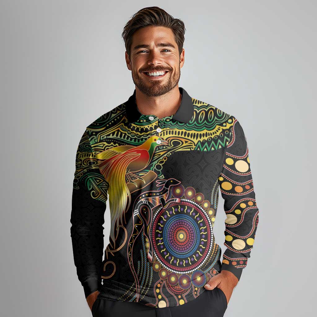 Papua New Guinea and Australia Together Long Sleeve Polo Shirt Bird of Paradise and Kangaroo Melanesian Aboriginal Motifs - Polynesian Pride