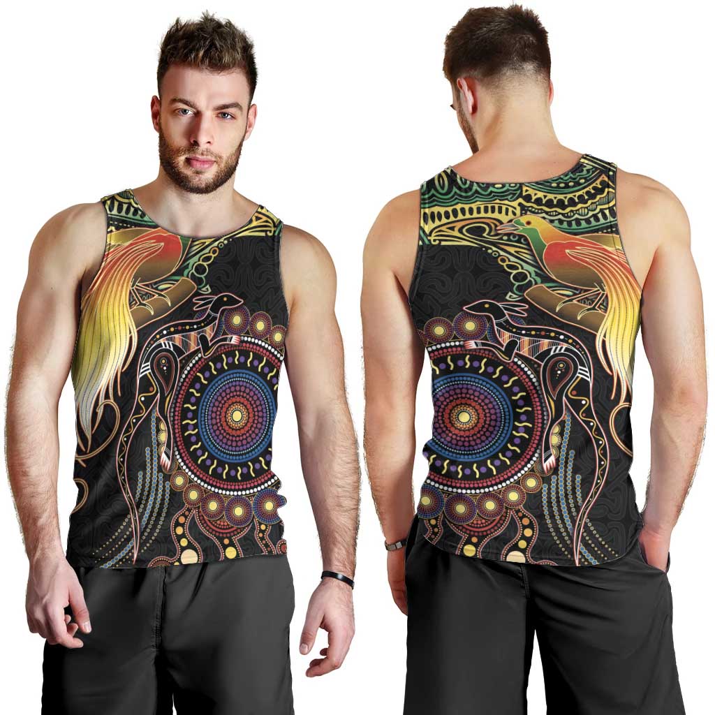 Papua New Guinea and Australia Together Men Tank Top Bird of Paradise and Kangaroo Melanesian Aboriginal Motifs LT03 - Polynesian Pride