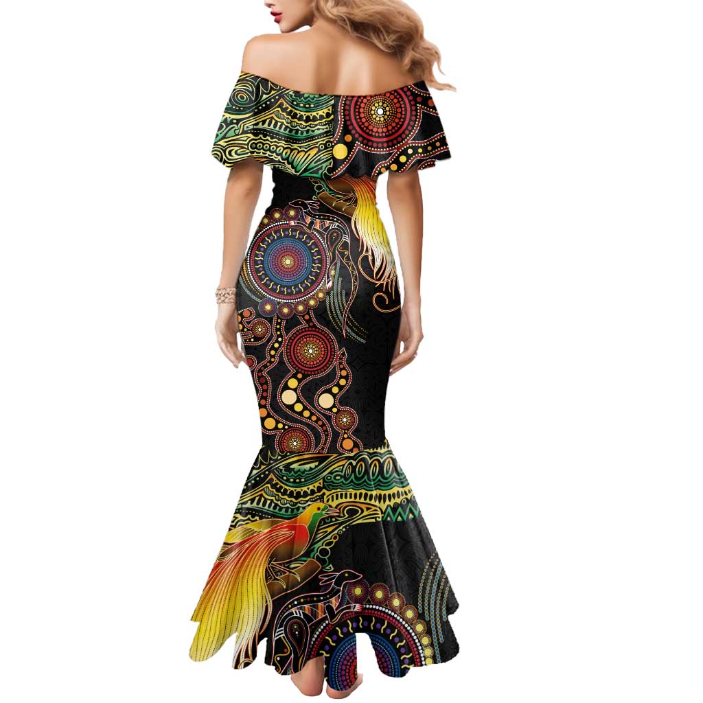 Papua New Guinea and Australia Together Mermaid Dress Bird of Paradise and Kangaroo Melanesian Aboriginal Motifs LT03 - Polynesian Pride