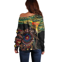 Papua New Guinea and Australia Together Off Shoulder Sweater Bird of Paradise and Kangaroo Melanesian Aboriginal Motifs LT03 - Polynesian Pride
