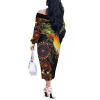 Papua New Guinea and Australia Together Off The Shoulder Long Sleeve Dress Bird of Paradise and Kangaroo Melanesian Aboriginal Motifs LT03 - Polynesian Pride
