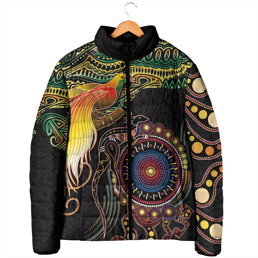 Papua New Guinea and Australia Together Padded Jacket Bird of Paradise and Kangaroo Melanesian Aboriginal Motifs LT03 - Polynesian Pride