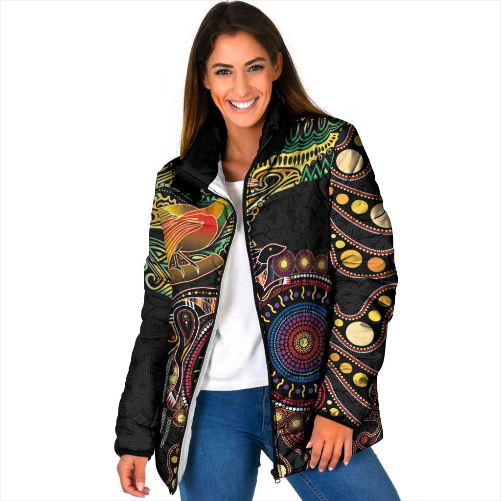 Papua New Guinea and Australia Together Padded Jacket Bird of Paradise and Kangaroo Melanesian Aboriginal Motifs LT03 Women Black - Polynesian Pride