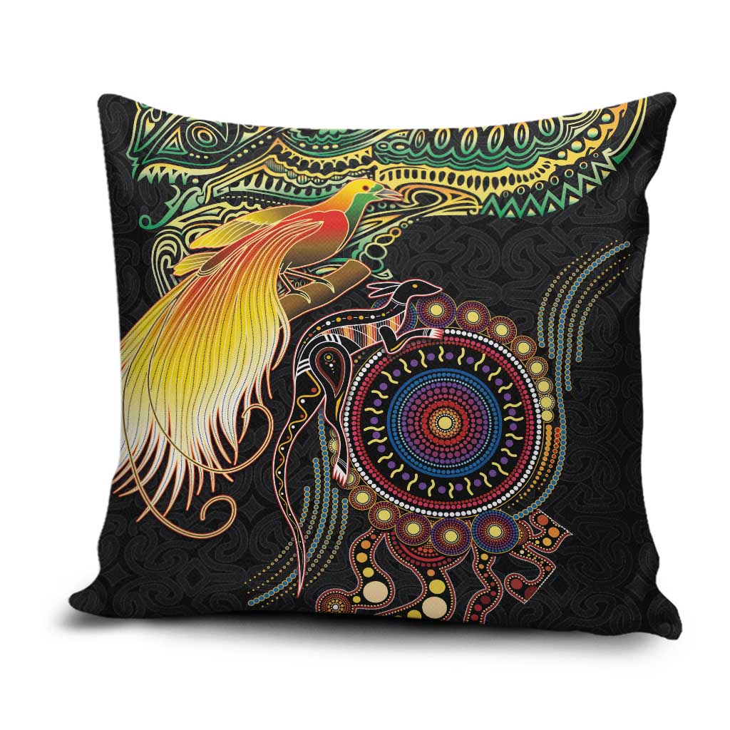 Papua New Guinea and Australia Together Pillow Cover Bird of Paradise and Kangaroo Melanesian Aboriginal Motifs LT03 Black - Polynesian Pride