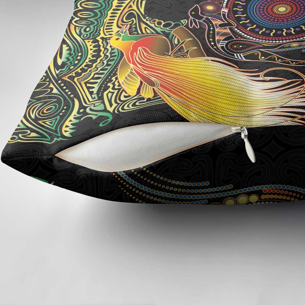 Papua New Guinea and Australia Together Pillow Cover Bird of Paradise and Kangaroo Melanesian Aboriginal Motifs LT03 - Polynesian Pride