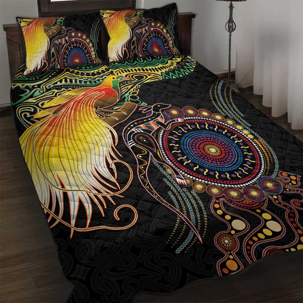 Papua New Guinea and Australia Together Quilt Bed Set Bird of Paradise and Kangaroo Melanesian Aboriginal Motifs LT03 Black - Polynesian Pride