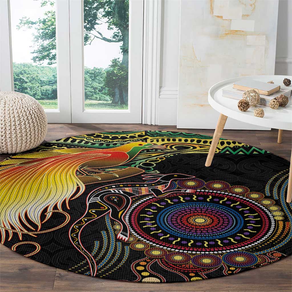 Papua New Guinea and Australia Together Round Carpet Bird of Paradise and Kangaroo Melanesian Aboriginal Motifs LT03 - Polynesian Pride