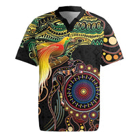 Papua New Guinea and Australia Together Rugby Jersey Bird of Paradise and Kangaroo Melanesian Aboriginal Motifs LT03 Black - Polynesian Pride