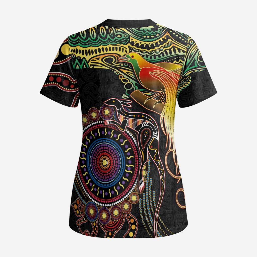 Papua New Guinea and Australia Together Scrub Top Bird of Paradise and Kangaroo Melanesian Aboriginal Motifs LT03 - Polynesian Pride