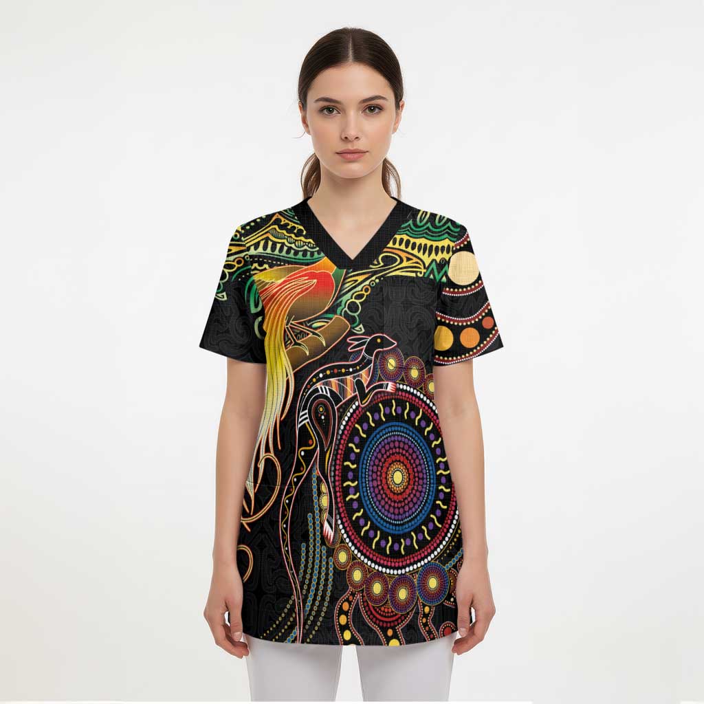 Papua New Guinea and Australia Together Scrub Top Bird of Paradise and Kangaroo Melanesian Aboriginal Motifs LT03 - Polynesian Pride