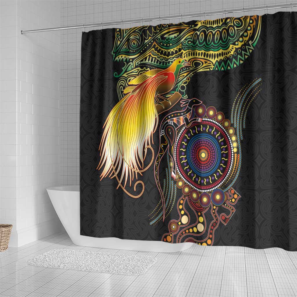 Papua New Guinea and Australia Together Shower Curtain Bird of Paradise and Kangaroo Melanesian Aboriginal Motifs LT03 - Polynesian Pride