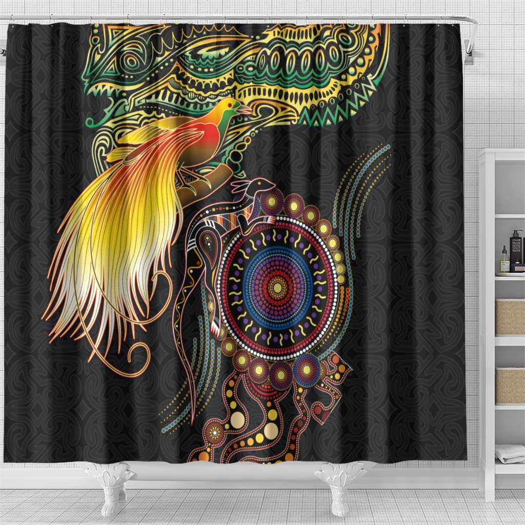 Papua New Guinea and Australia Together Shower Curtain Bird of Paradise and Kangaroo Melanesian Aboriginal Motifs LT03 - Polynesian Pride