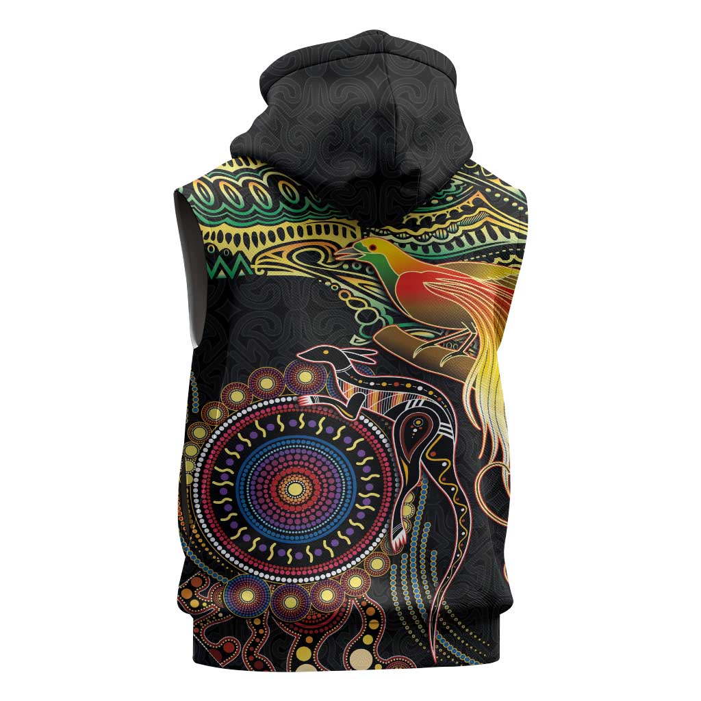 Papua New Guinea and Australia Together Sleeveless Hoodie Bird of Paradise and Kangaroo Melanesian Aboriginal Motifs LT03 - Polynesian Pride